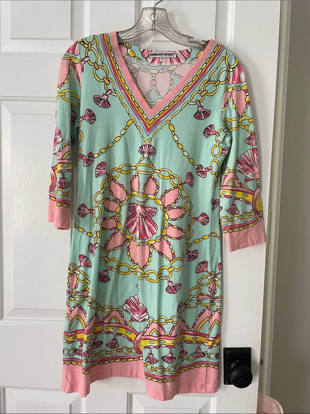 Barbara Gerwit Mint, Pink & Yellow Chain-Print V-Neck Midi Dress